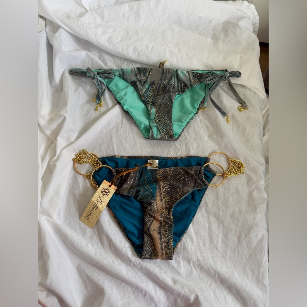 Bellissima Luxury Bikini Bottoms Teal & Bronze Feather Print Side Tie Size L NEW - Picture 10 of 16